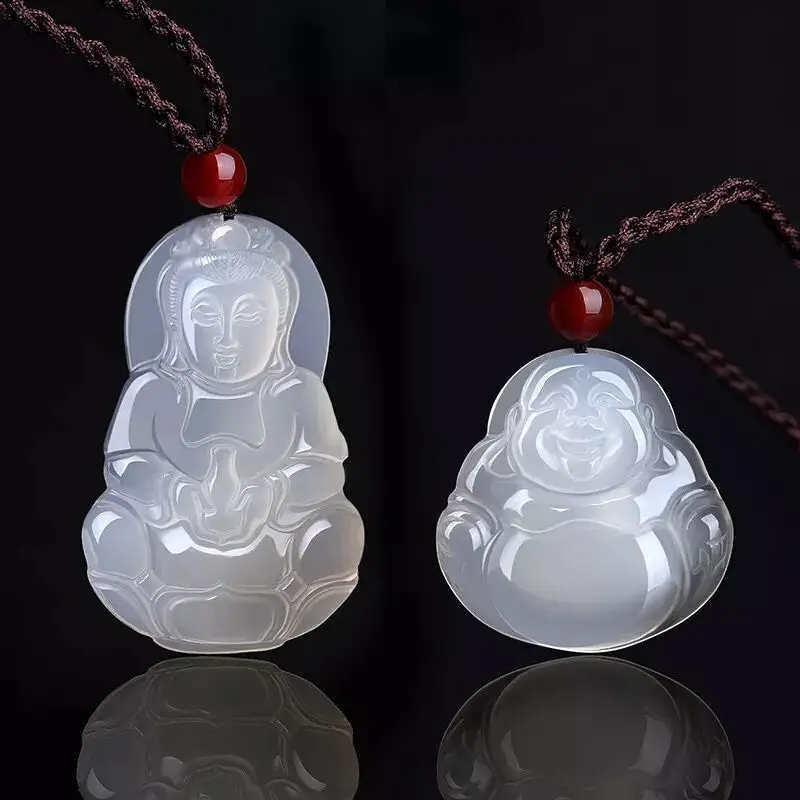 Moonlight White Agate Pendant with Guanyin Buddha Design - Image 13