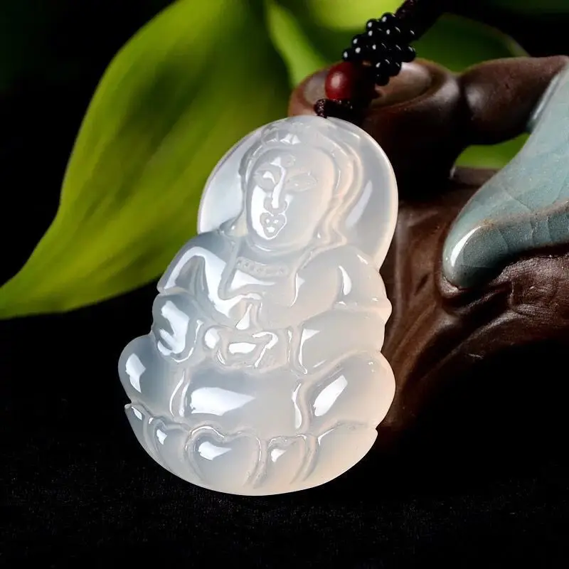 Moonlight White Agate Pendant with Guanyin Buddha Design - Image 3