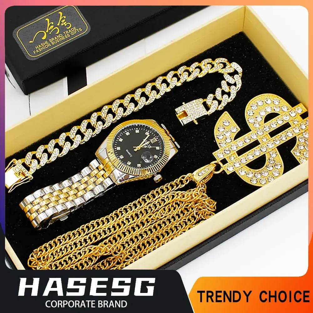 Men's Gold Diamond Watch Set with Bracelet & Necklace - Image 2