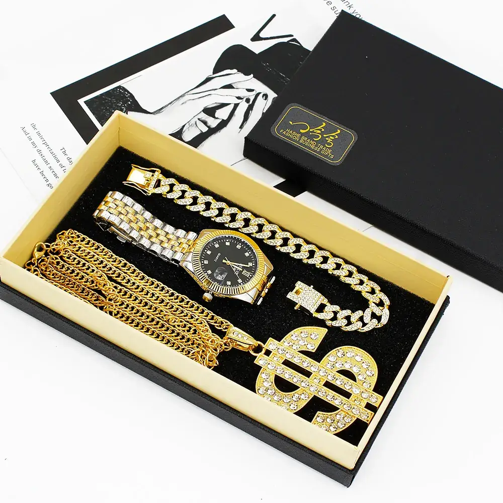 Men's Gold Diamond Watch Set with Bracelet & Necklace - Image 3