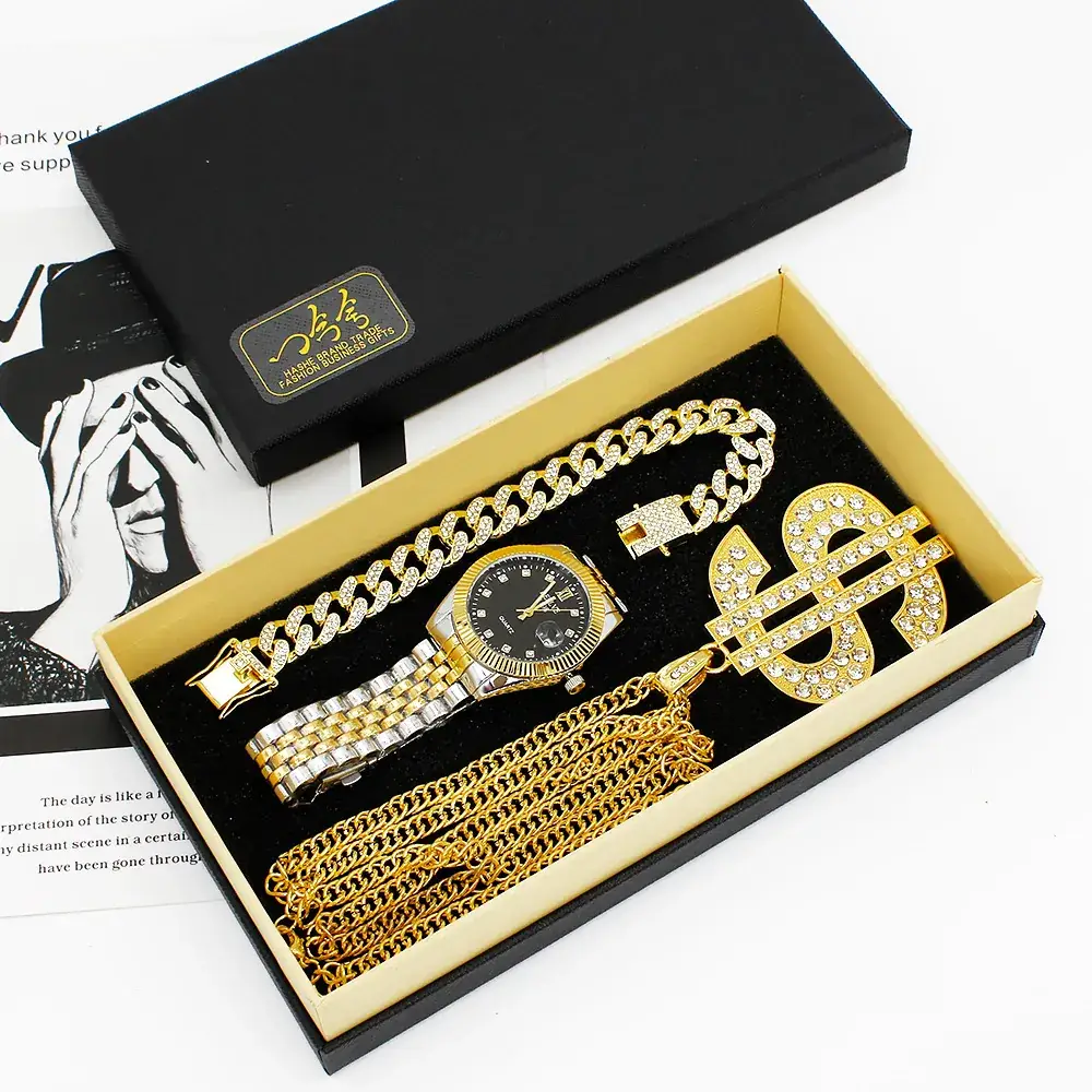 Men's Gold Diamond Watch Set with Bracelet & Necklace - Image 5