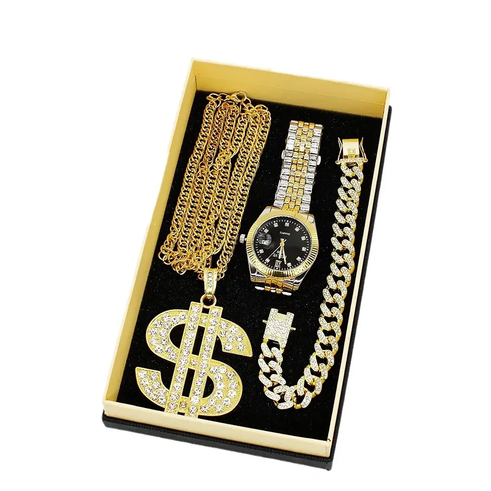 Men's Gold Diamond Watch Set with Bracelet & Necklace - Image 6
