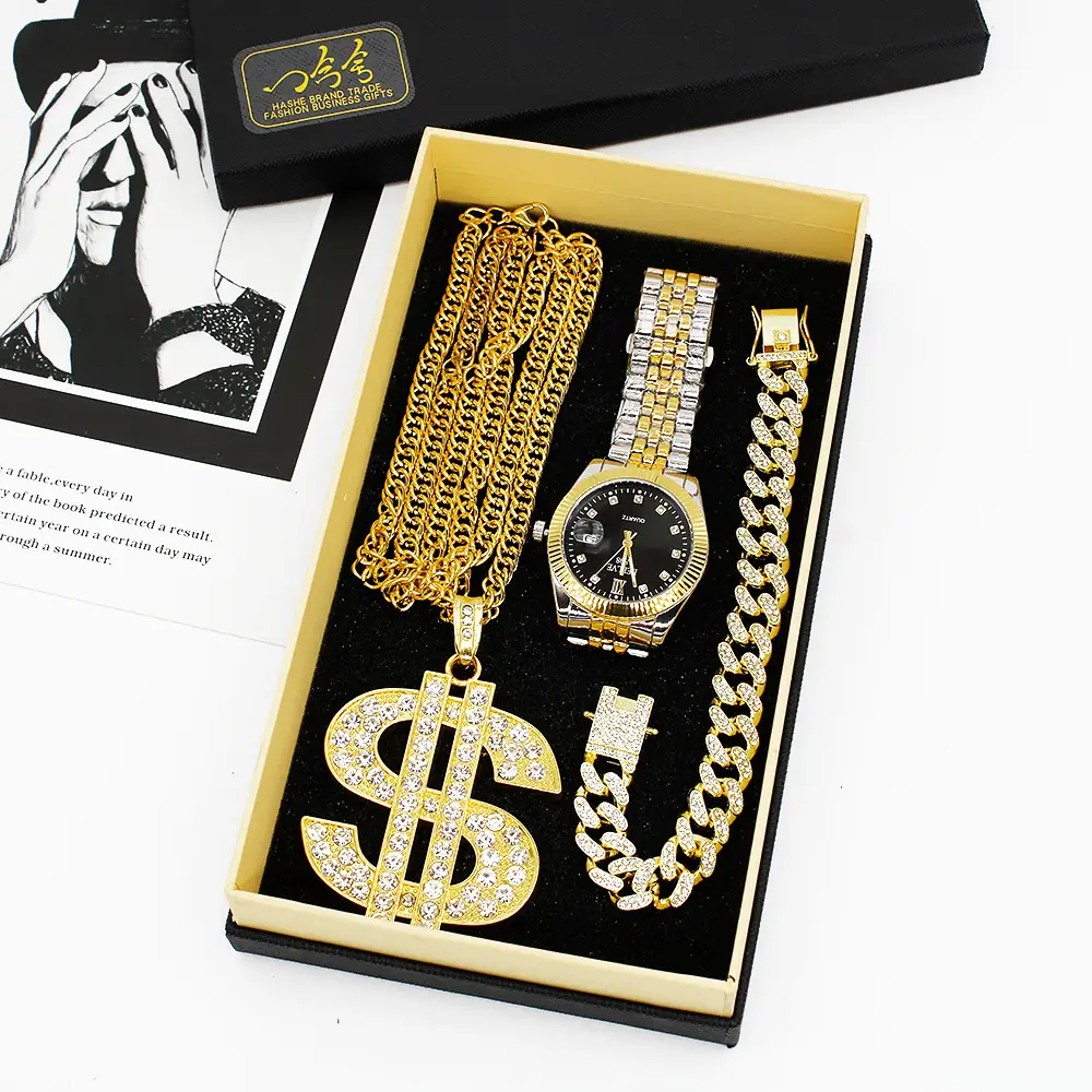Men's Gold Diamond Watch Set with Bracelet & Necklace — feature 5