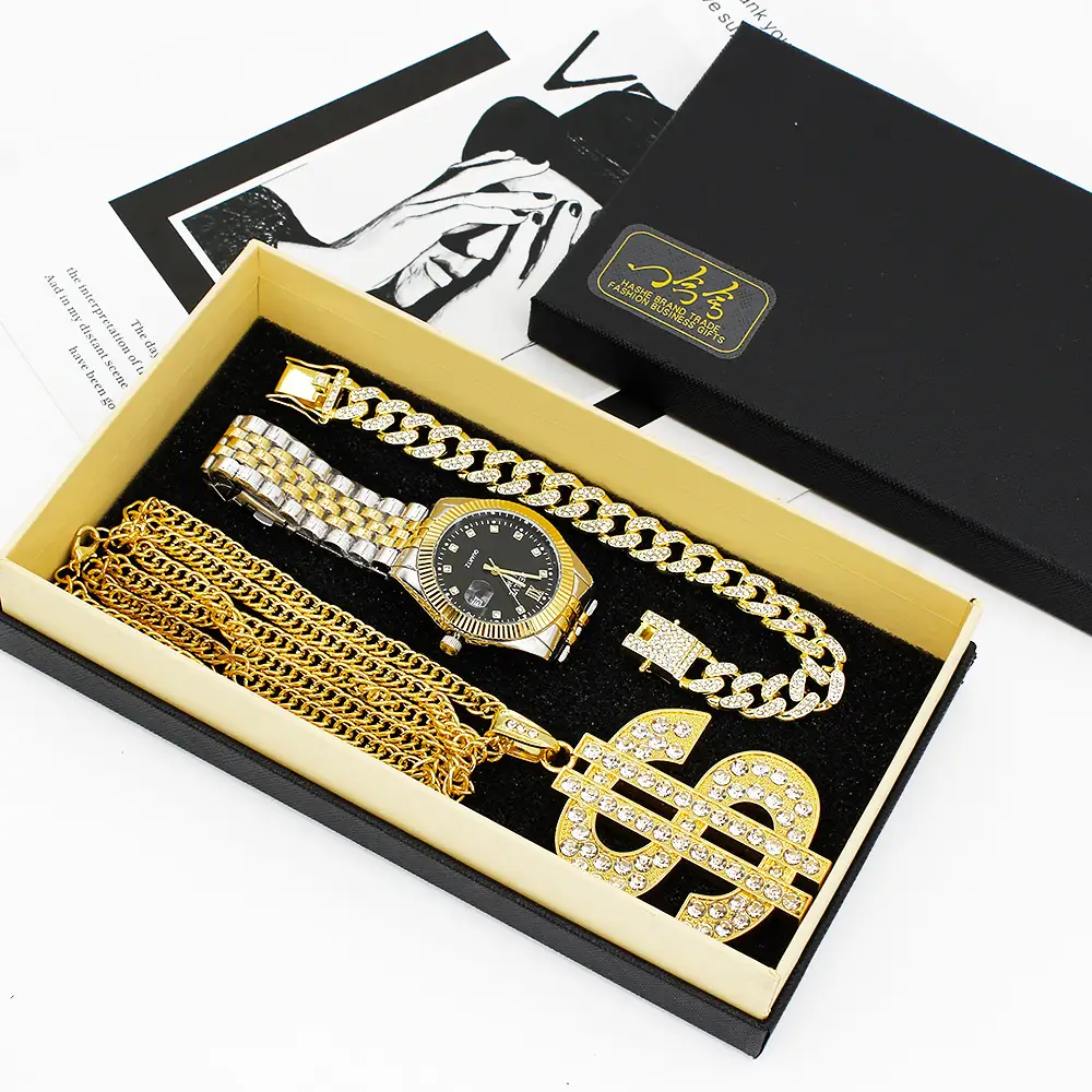 Men's Gold Diamond Watch Set with Bracelet & Necklace — feature 6