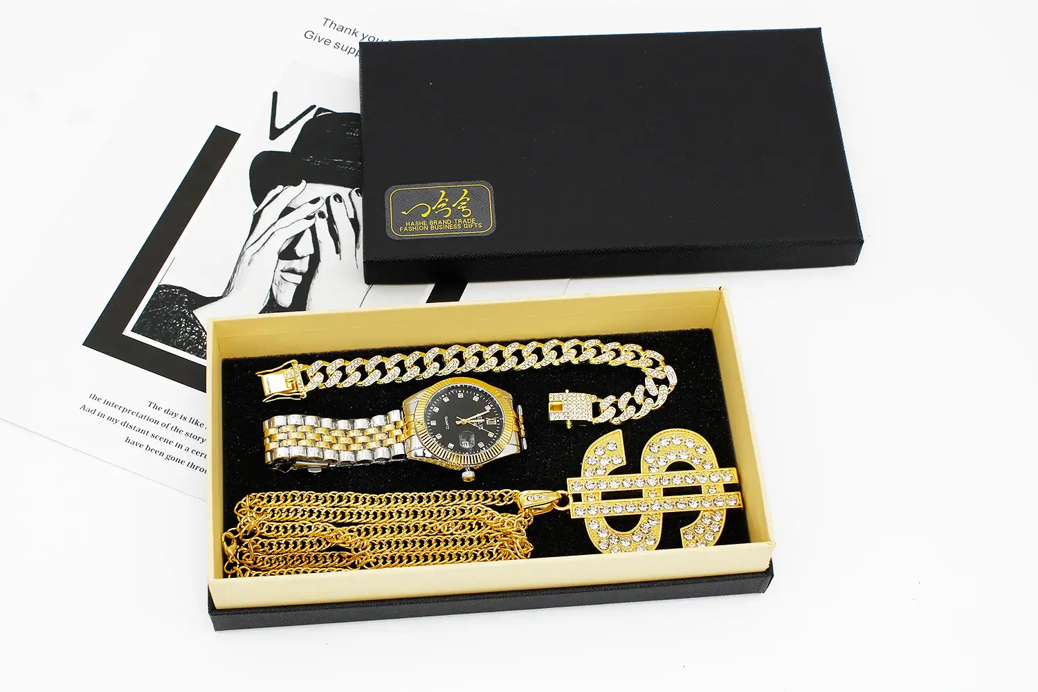 Men's Gold Diamond Watch Set with Bracelet & Necklace — feature 9