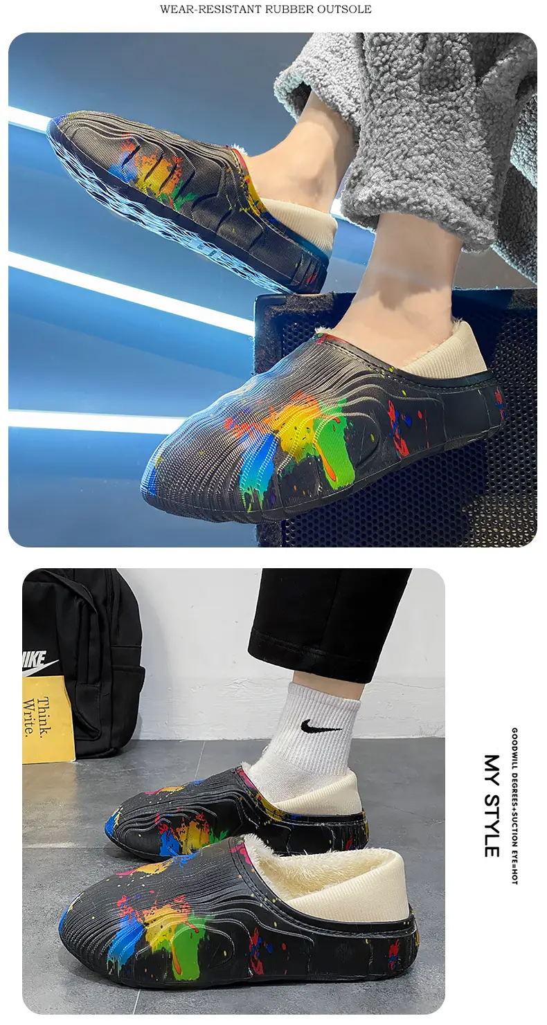 New style casual cotton-padded slippers men's winter shit feeling fleece-lined warm cotton-padded shoes couple slippers furry slippers — feature 12