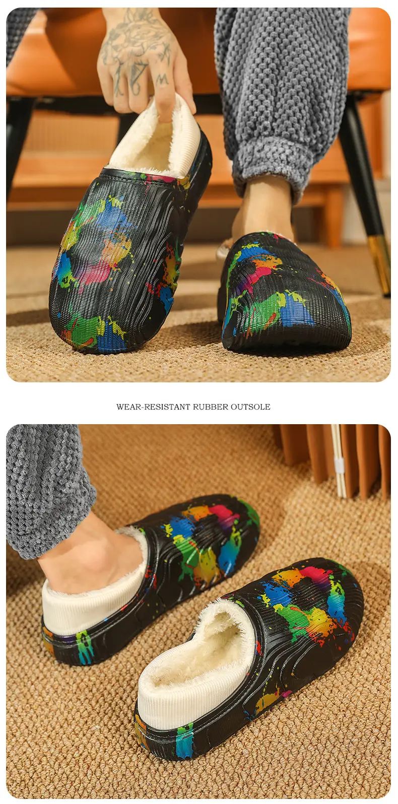 New style casual cotton-padded slippers men's winter shit feeling fleece-lined warm cotton-padded shoes couple slippers furry slippers — feature 13