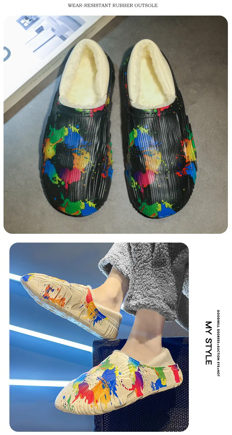 New style casual cotton-padded slippers men's winter shit feeling fleece-lined warm cotton-padded shoes couple slippers furry slippers — feature 14