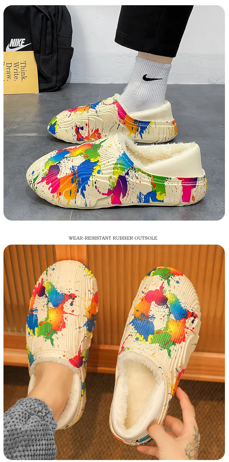New style casual cotton-padded slippers men's winter shit feeling fleece-lined warm cotton-padded shoes couple slippers furry slippers — feature 15