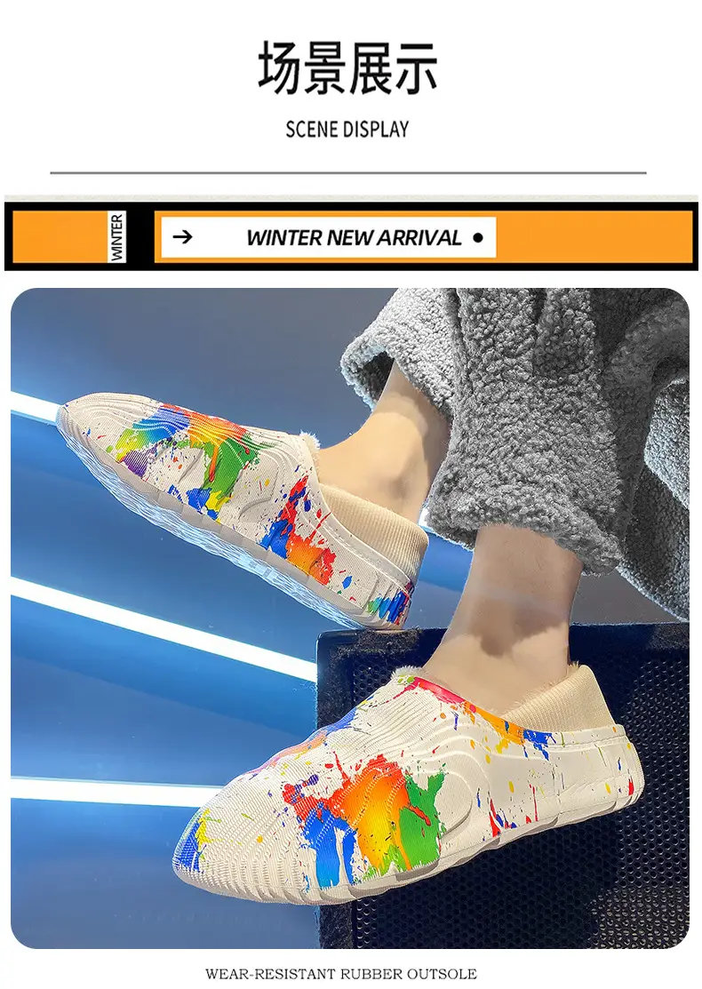 New style casual cotton-padded slippers men's winter shit feeling fleece-lined warm cotton-padded shoes couple slippers furry slippers — feature 9