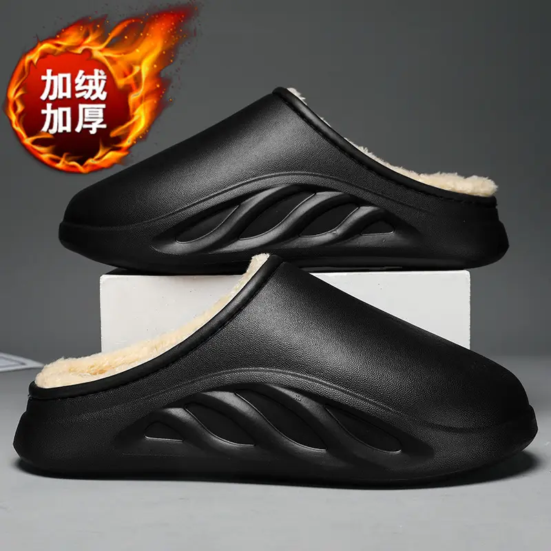 Cotton slippers men's winter fleece-lined warm cotton shoes couple waterproof slippers indoor home shit feeling woolen slippers tide - Image 2