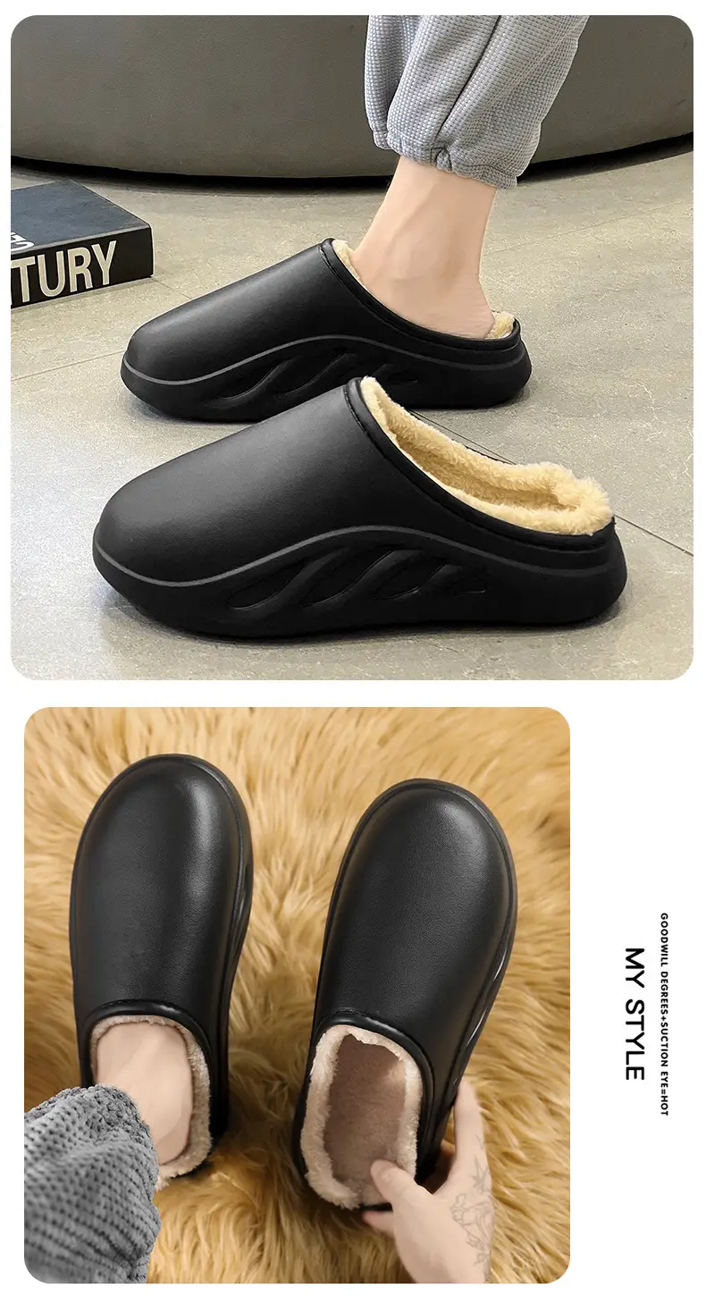 Cotton slippers men's winter fleece-lined warm cotton shoes couple waterproof slippers indoor home shit feeling woolen slippers tide — feature 10