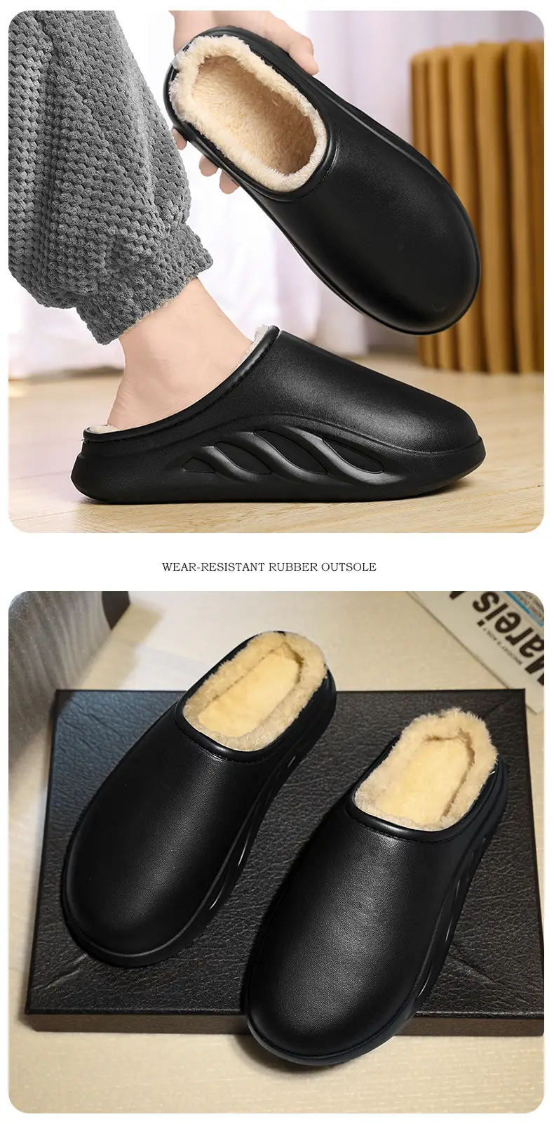 Cotton slippers men's winter fleece-lined warm cotton shoes couple waterproof slippers indoor home shit feeling woolen slippers tide — feature 11