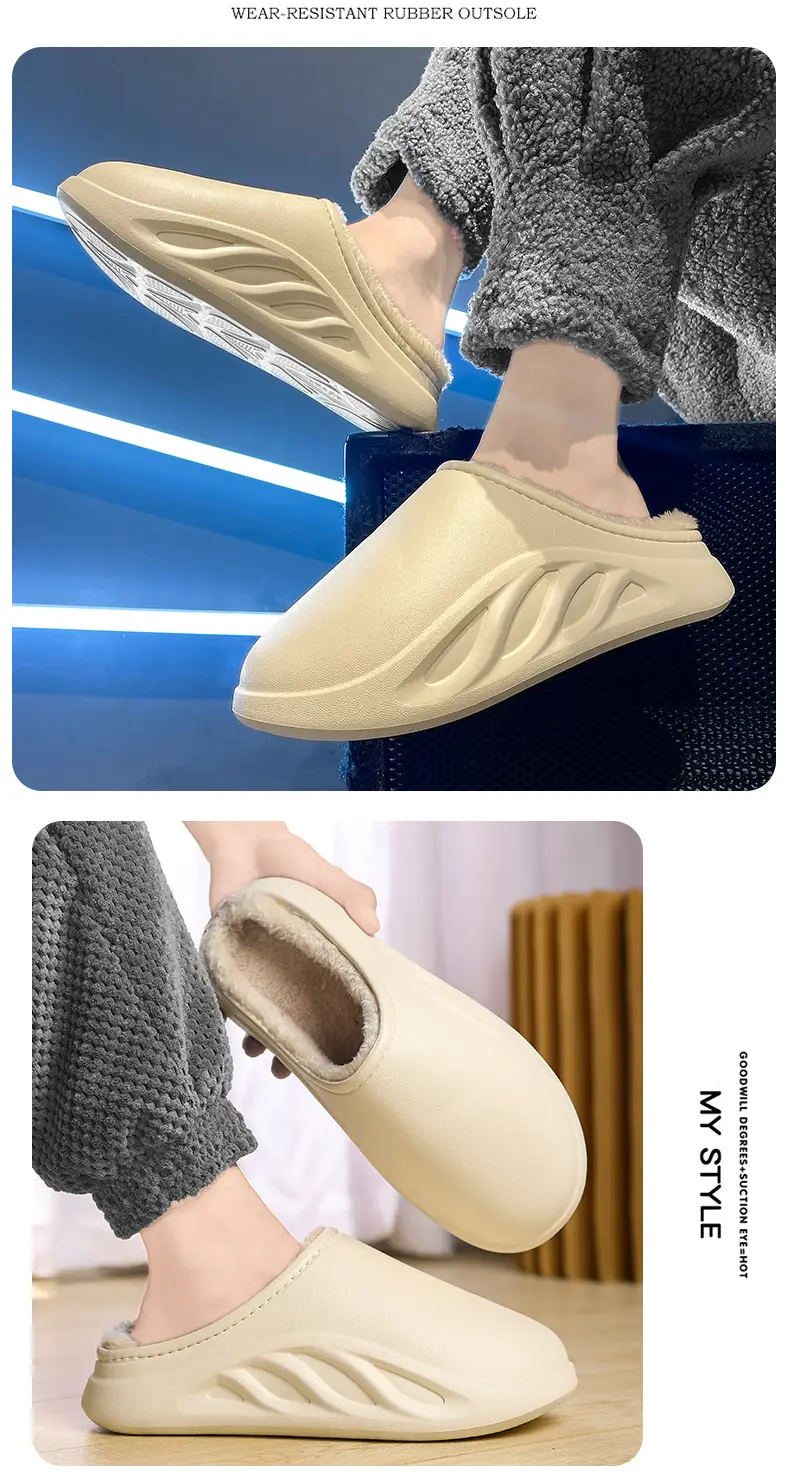 Cotton slippers men's winter fleece-lined warm cotton shoes couple waterproof slippers indoor home shit feeling woolen slippers tide — feature 12