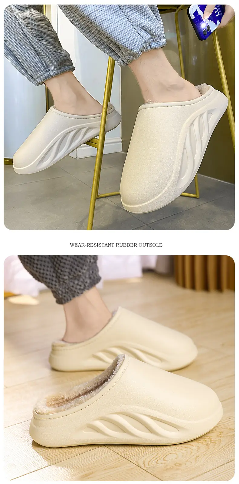 Cotton slippers men's winter fleece-lined warm cotton shoes couple waterproof slippers indoor home shit feeling woolen slippers tide — feature 13