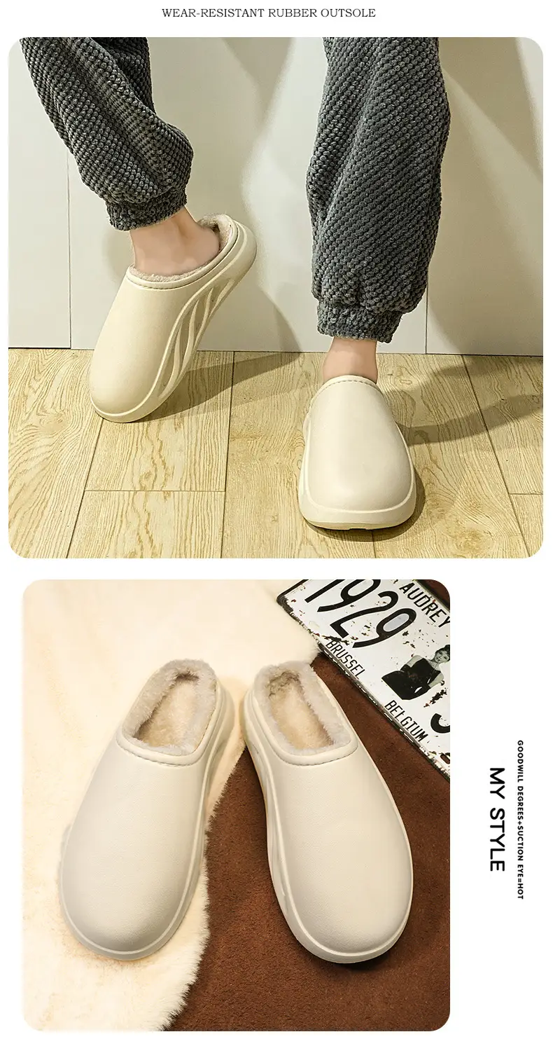 Cotton slippers men's winter fleece-lined warm cotton shoes couple waterproof slippers indoor home shit feeling woolen slippers tide — feature 14
