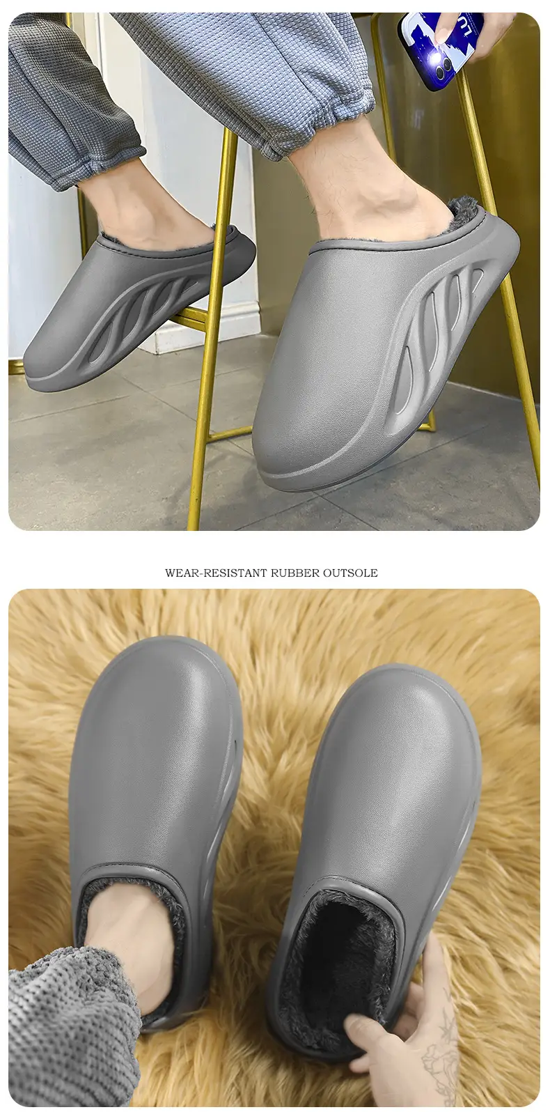 Cotton slippers men's winter fleece-lined warm cotton shoes couple waterproof slippers indoor home shit feeling woolen slippers tide — feature 15