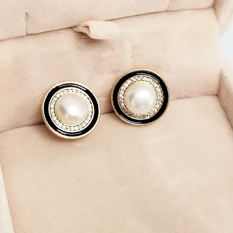 Natural Pearl Earrings Black White Large Buckle Zircon - Image 9