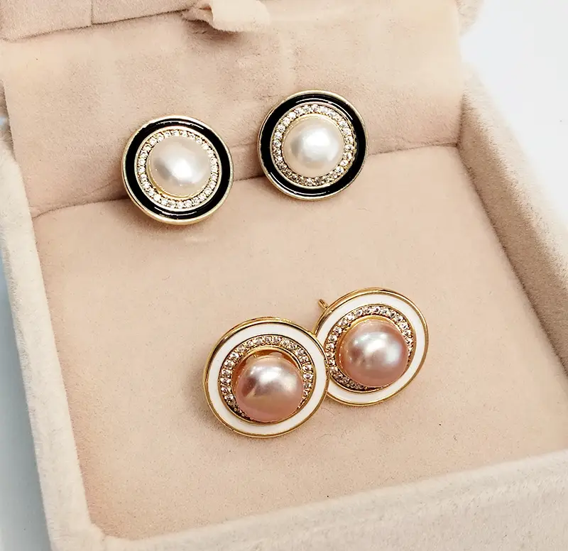 Natural Pearl Earrings Black White Large Buckle Zircon — feature 6