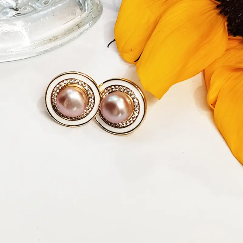 Natural Pearl Earrings Black White Large Buckle Zircon - Image 3