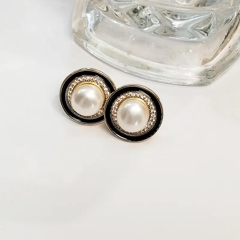 Natural Pearl Earrings Black White Large Buckle Zircon - Image 4