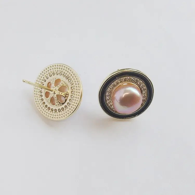 Natural Pearl Earrings Black White Large Buckle Zircon - Image 6