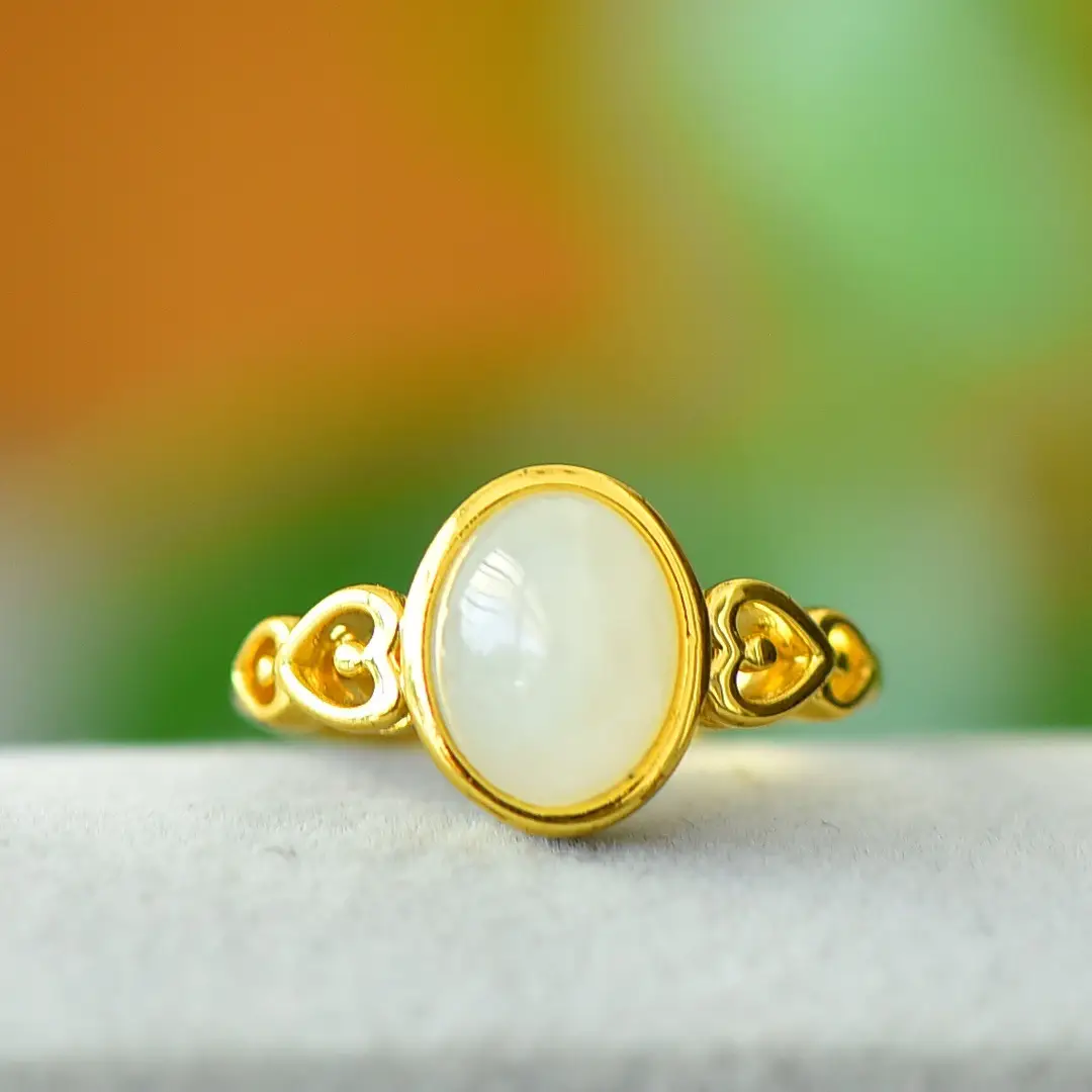 Copper Inlaid Hetian Jade White Jade Ring