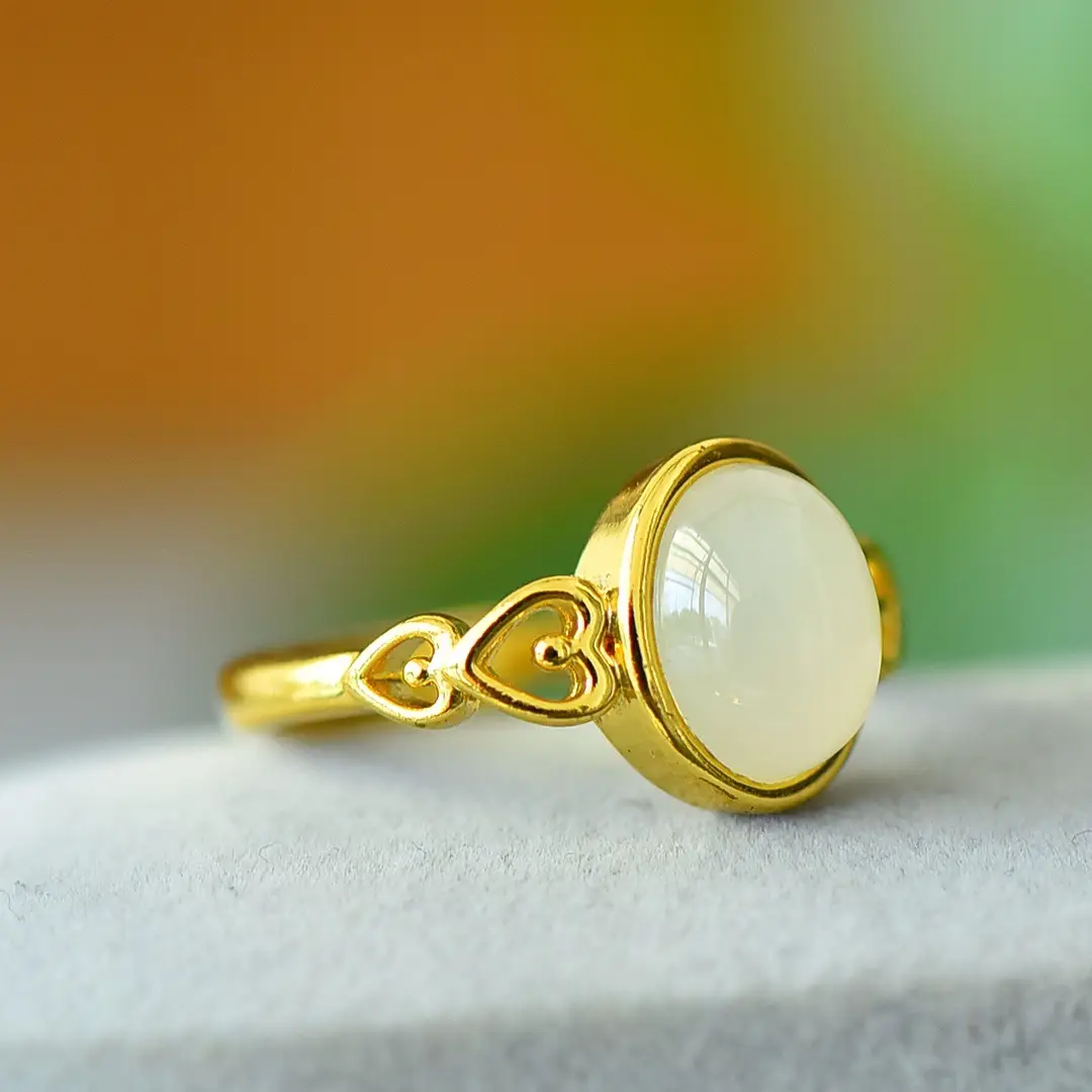 Copper Inlaid Hetian Jade White Jade Ring