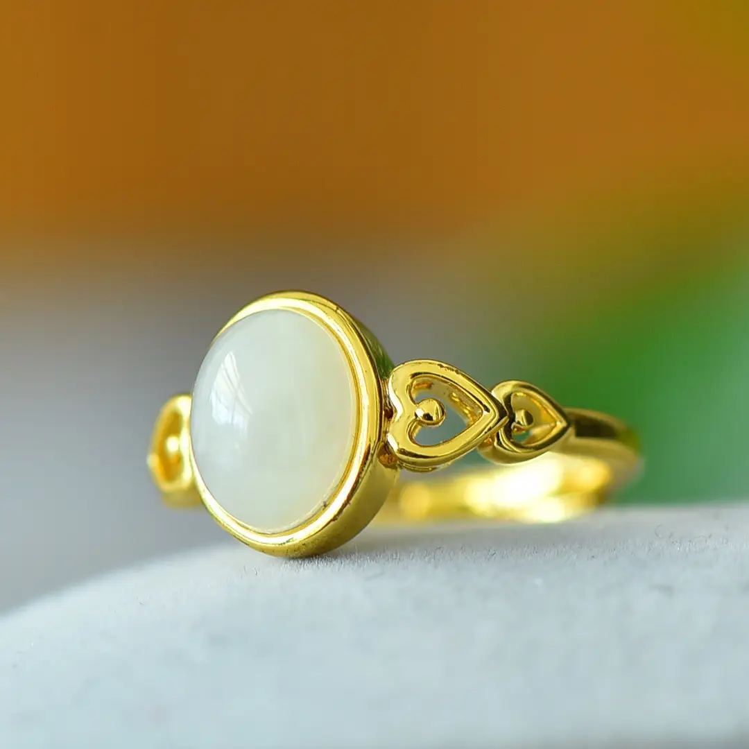Copper Inlaid Hetian Jade White Jade Ring