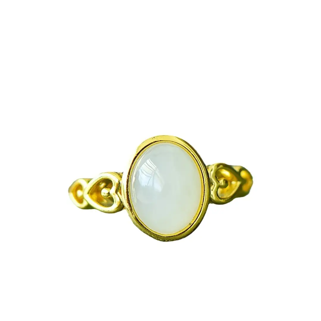 Copper Inlaid Hetian Jade White Jade Ring