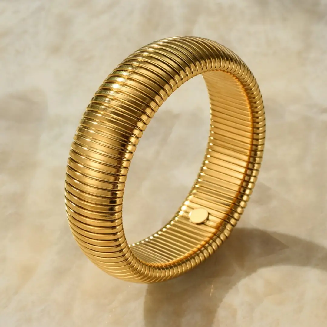 Thick European and American Cross-Border Popular Jewelry Elastic Wide Titanium Steel Bracelet for Women Light Luxury Public Exaggerated Niche Vertical Stripes Ring