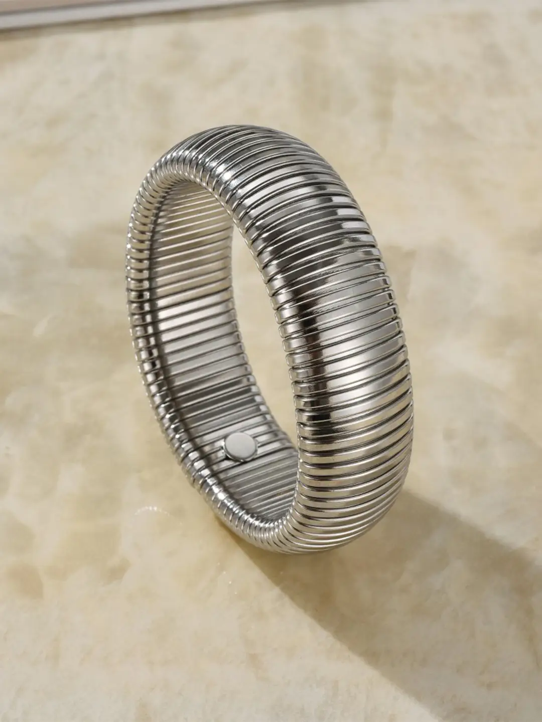 Thick European and American Cross-Border Popular Jewelry Elastic Wide Titanium Steel Bracelet for Women Light Luxury Public Exaggerated Niche Vertical Stripes Ring — feature 4