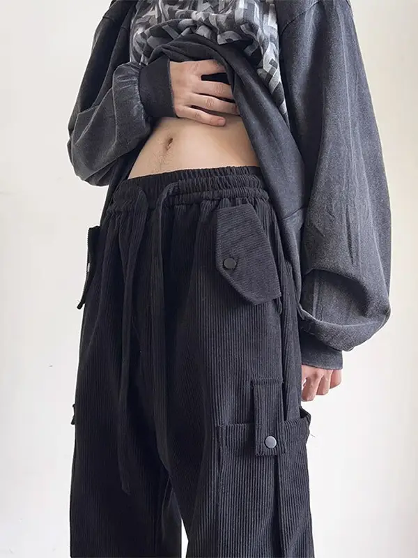 Men's Grey Loose Straight Cargo Pants Winter Casual Wear
