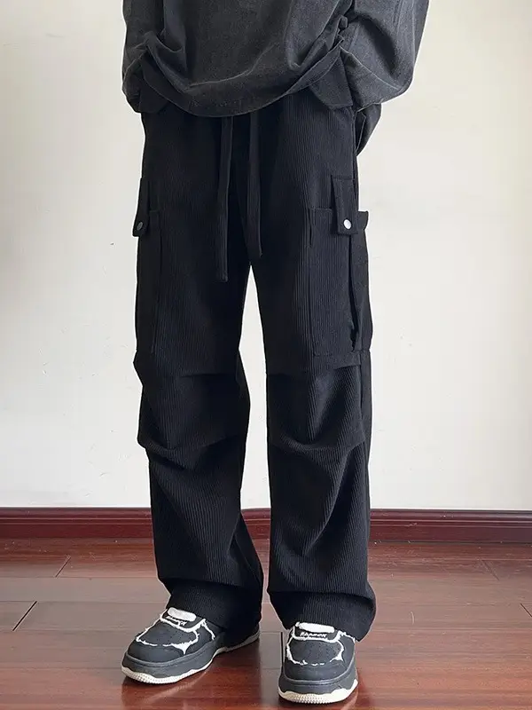 Men's Grey Loose Straight Cargo Pants Winter Casual Wear