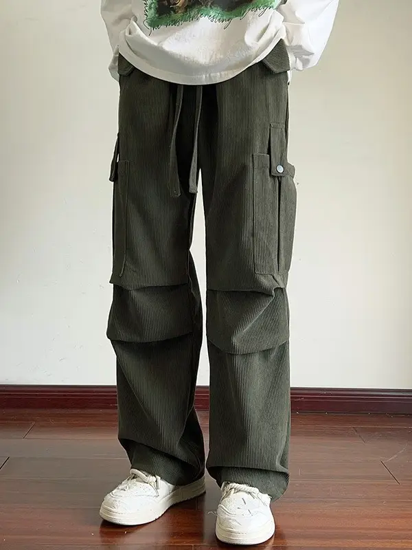 Men's Grey Loose Straight Cargo Pants Winter Casual Wear