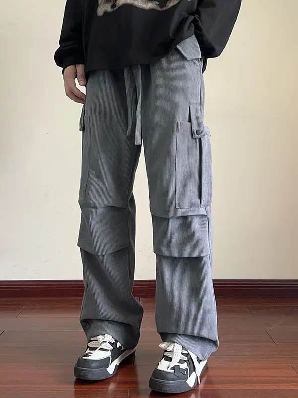 Men's Grey Loose Straight Cargo Pants Winter Casual Wear