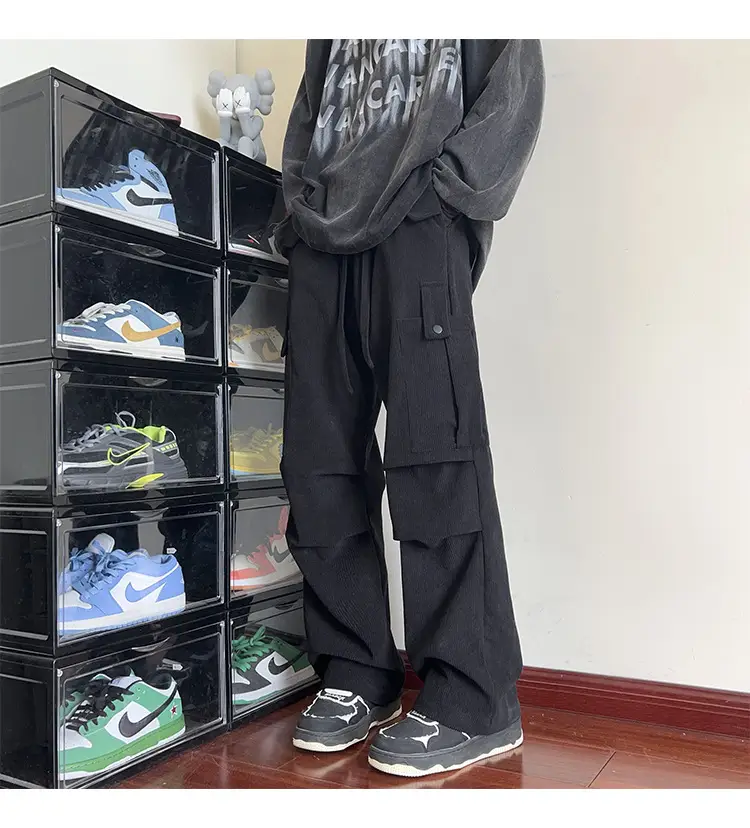 Men's Grey Loose Straight Cargo Pants Winter Casual Wear — feature 12