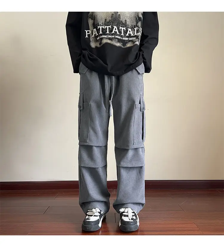 Men's Grey Loose Straight Cargo Pants Winter Casual Wear — feature 13