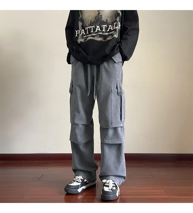Men's Grey Loose Straight Cargo Pants Winter Casual Wear — feature 14