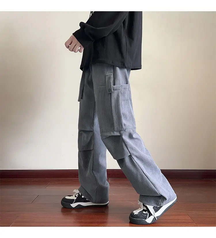 Men's Grey Loose Straight Cargo Pants Winter Casual Wear — feature 15
