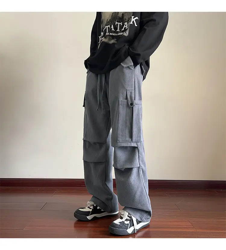 Men's Grey Loose Straight Cargo Pants Winter Casual Wear — feature 17