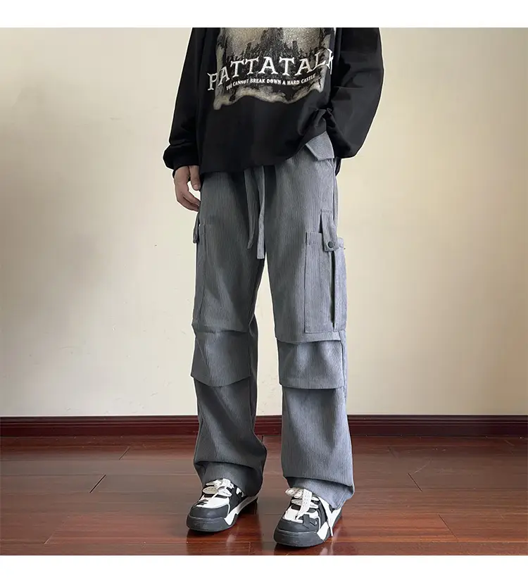 Men's Grey Loose Straight Cargo Pants Winter Casual Wear — feature 18