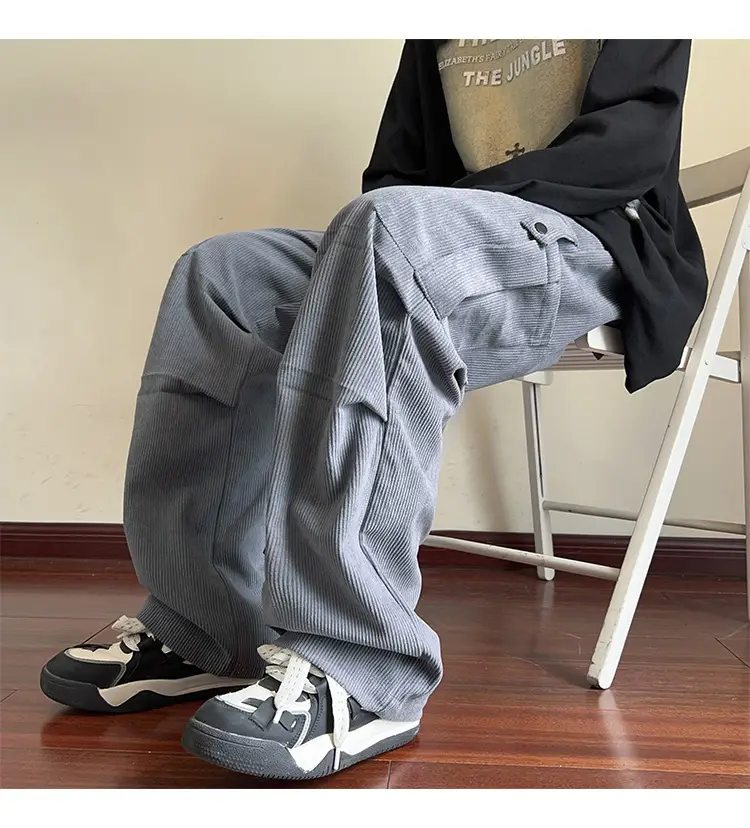 Men's Grey Loose Straight Cargo Pants Winter Casual Wear — feature 19