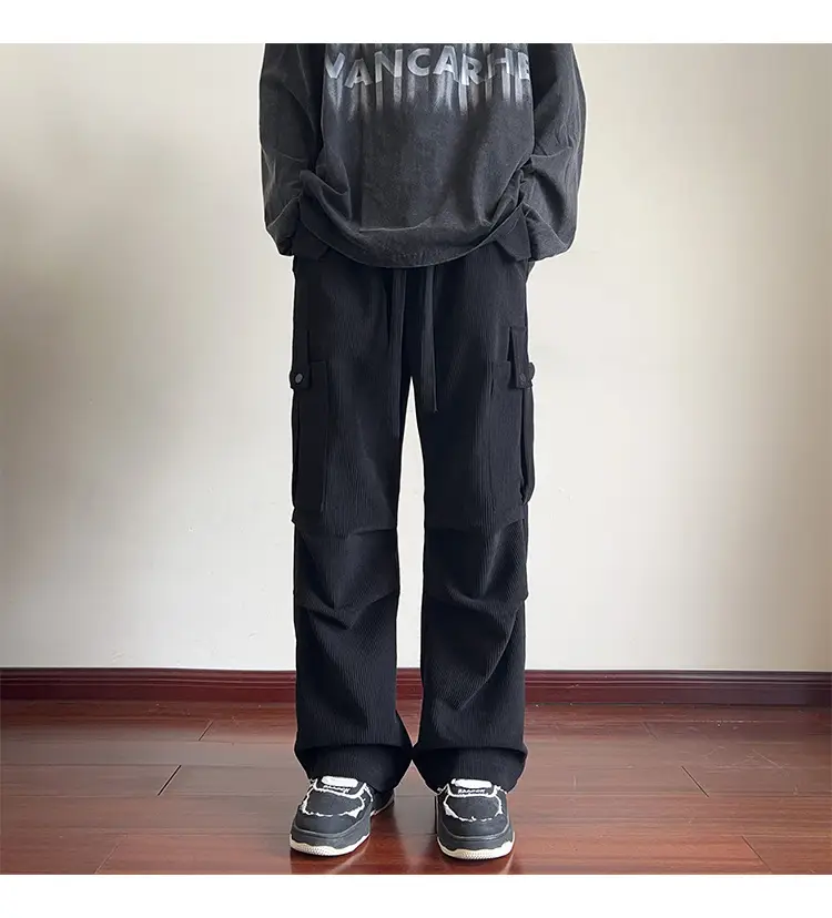 Men's Grey Loose Straight Cargo Pants Winter Casual Wear — feature 2