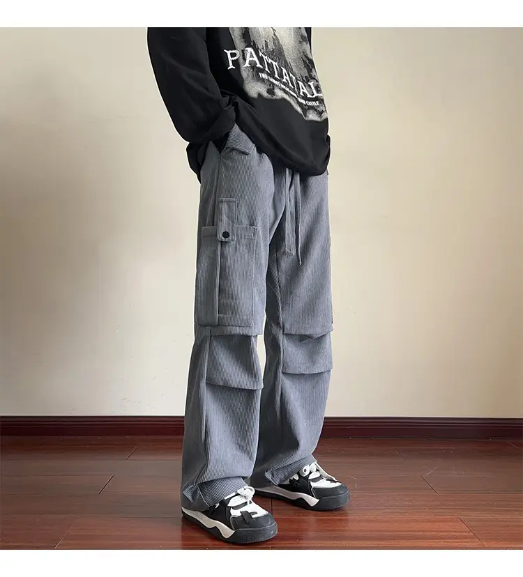 Men's Grey Loose Straight Cargo Pants Winter Casual Wear — feature 20