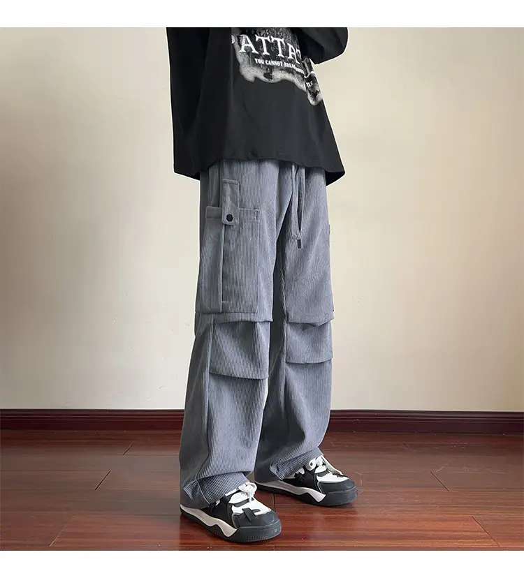Men's Grey Loose Straight Cargo Pants Winter Casual Wear — feature 21