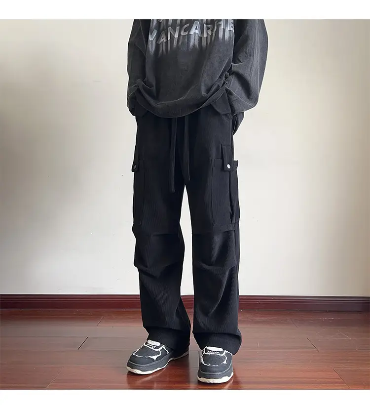Men's Grey Loose Straight Cargo Pants Winter Casual Wear — feature 3