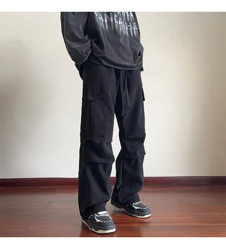 Men's Grey Loose Straight Cargo Pants Winter Casual Wear — feature 4