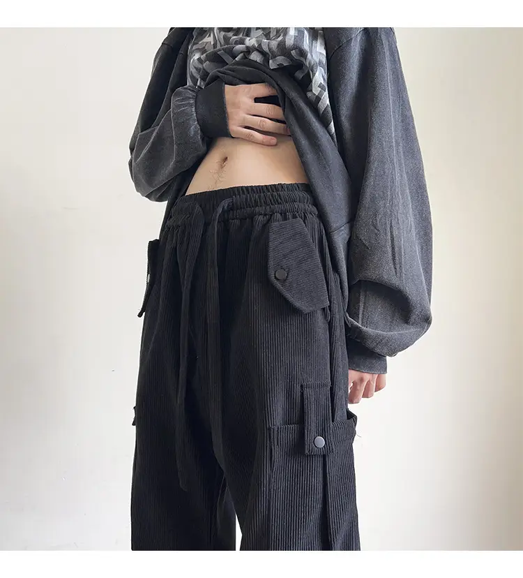 Men's Grey Loose Straight Cargo Pants Winter Casual Wear — feature 6