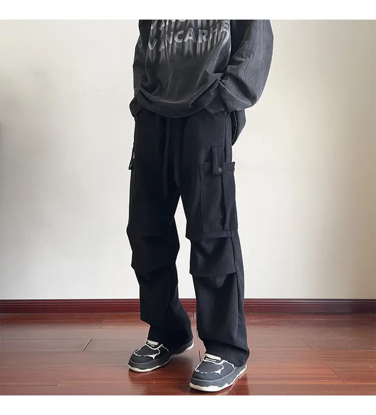 Men's Grey Loose Straight Cargo Pants Winter Casual Wear — feature 7